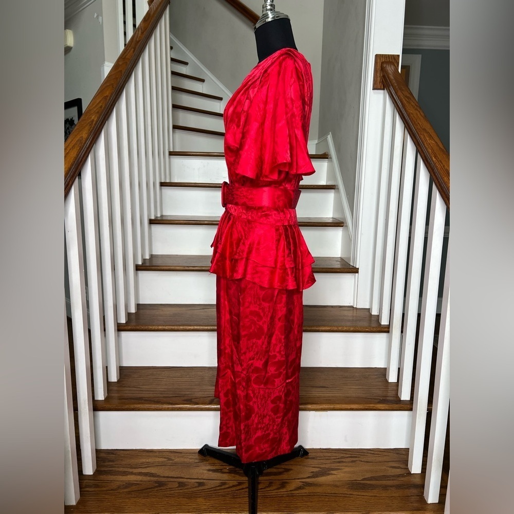 Vintage 80s Red Silk Peplum Dress Midi Belted Cocktail Party Size 12 - Picture 6 of 9